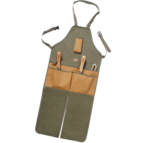 Heavy-duty rugged canvas apron with built-in leg covers and multiple pockets holding wooden-handled gardening tools, designed for durability in Farm, Garden & Tool and Garden Accessories collections.