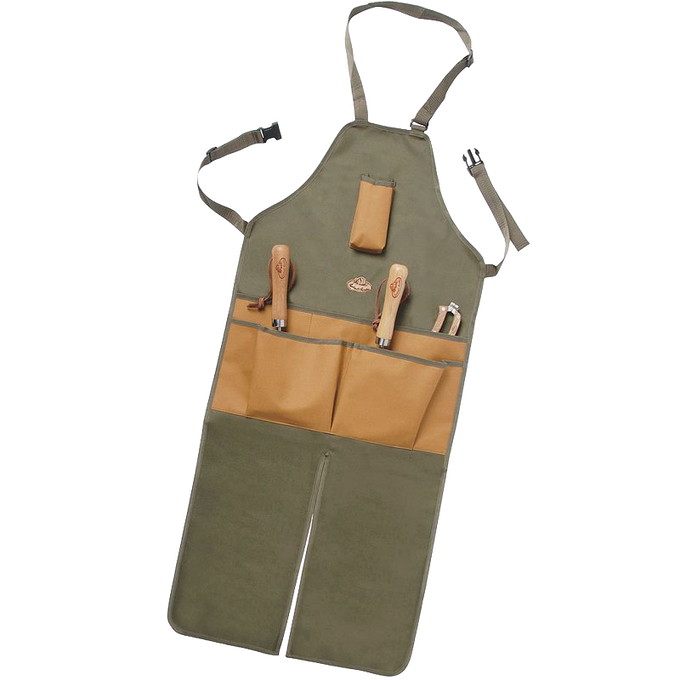 Heavy-duty rugged canvas apron with built-in leg covers and multiple pockets holding wooden-handled gardening tools, designed for durability in Farm, Garden & Tool and Garden Accessories collections.