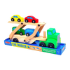 Wooden car carrier truck toy with a folding ramp and four brightly colored cars, designed for indoor play and featured in best sellers of children’s wooden toys collections.