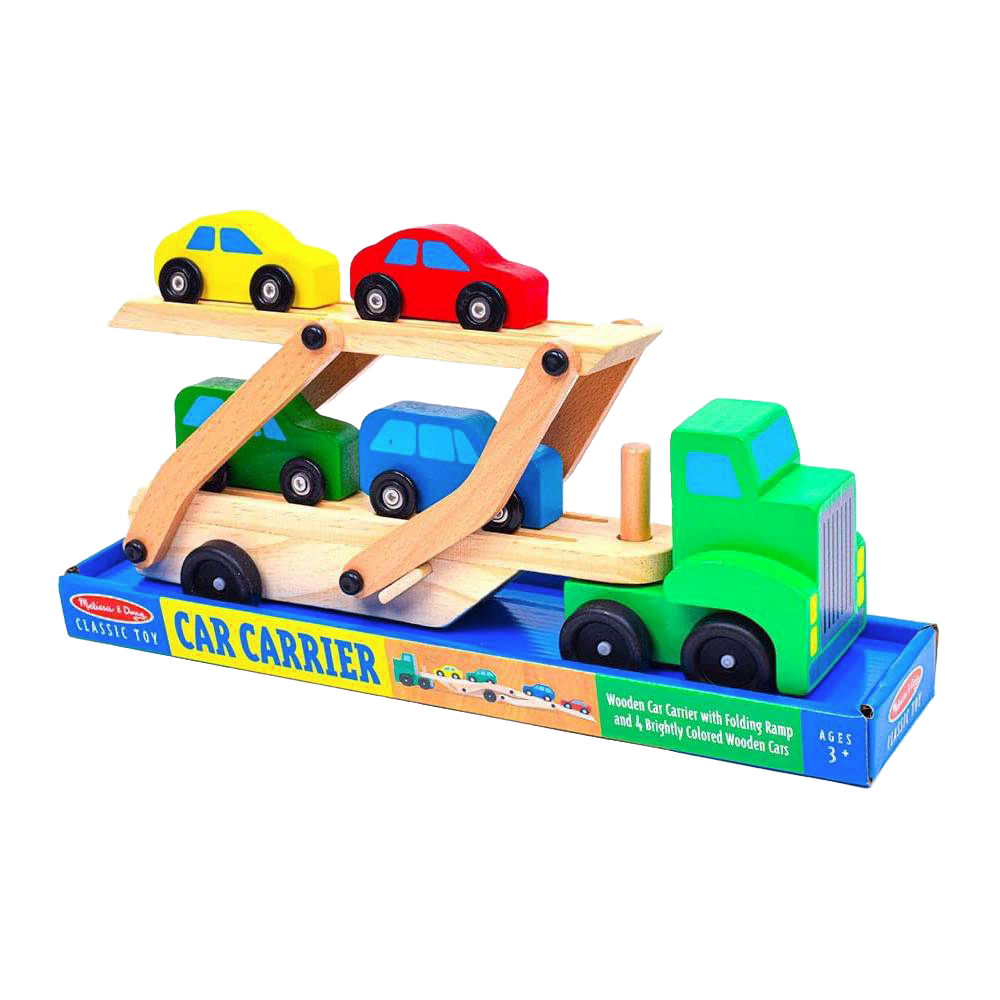 Wooden car carrier truck toy with a folding ramp and four brightly colored cars, designed for indoor play and featured in best sellers of children’s wooden toys collections.