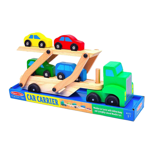 Wooden car carrier truck toy with a folding ramp and four brightly colored cars, designed for indoor play and featured in best sellers of children’s wooden toys collections.