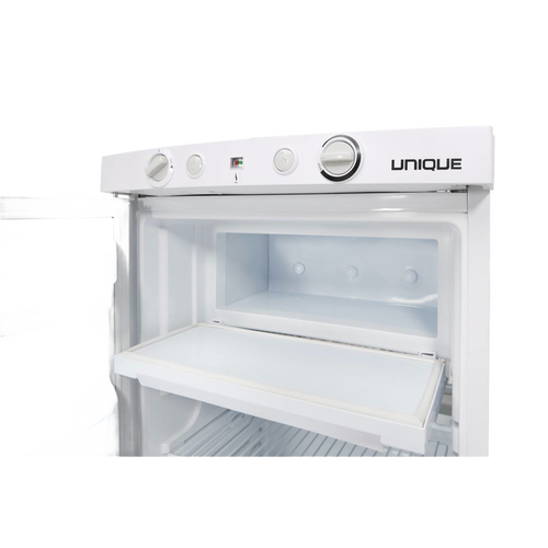 Open white portable gas refrigerator with control knobs and compact interior featuring a removable shelf and freezer compartment, crafted for Farm, Garden & Tool and Appliances collections.