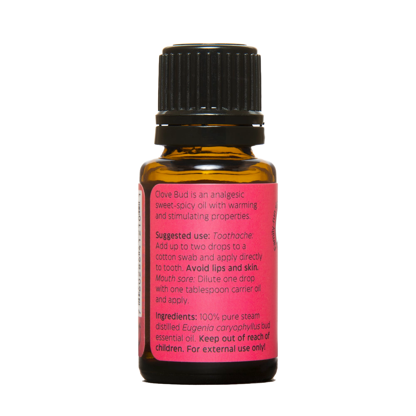 Amber glass bottle of handcrafted clove bud essential oil with black cap and red label, made in USA, ideal for Health & Wellness, Soapmaking, Candlemaking, and Health Remedies collections.