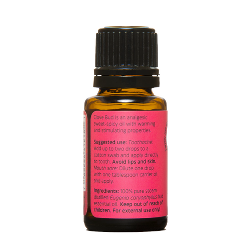 Amber glass bottle of handcrafted clove bud essential oil with black cap and red label, made in USA, ideal for Health & Wellness, Soapmaking, Candlemaking, and Health Remedies collections.