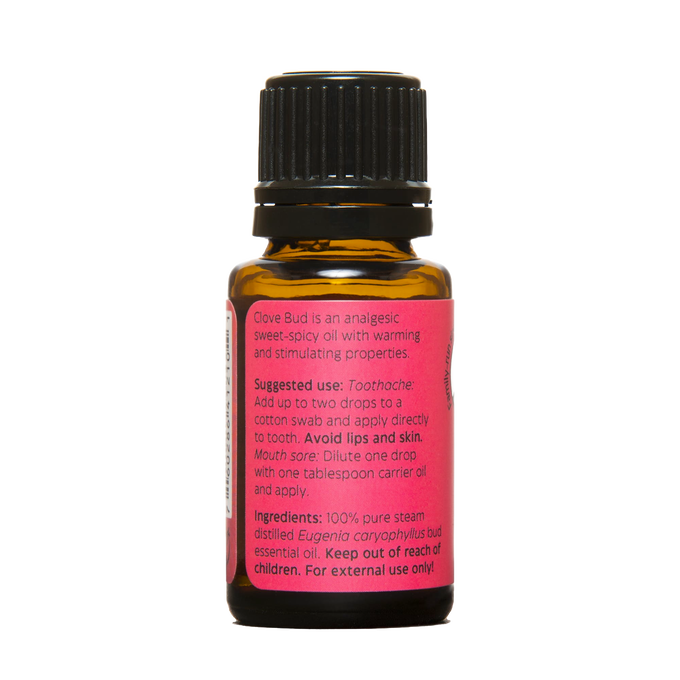Amber glass bottle of handcrafted clove bud essential oil with black cap and red label, made in USA, ideal for Health & Wellness, Soapmaking, Candlemaking, and Health Remedies collections.