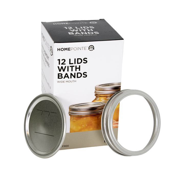 Box containing 12 wide-mouth canning jar lids and metal bands with BPA-free sealing compound, designed for food preservation in Kitchen & Food and Canning collections.