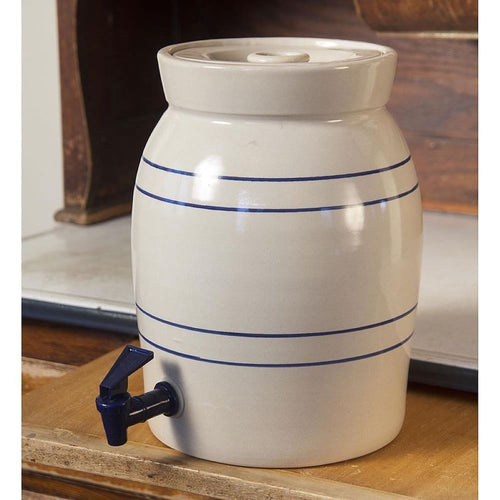 Handcrafted stoneware water cooler and vinegar crock with classic blue stripes and a dark blue spigot, made in USA, ideal for Kitchen & Food, Storage and Serving, Best Sellers collections.