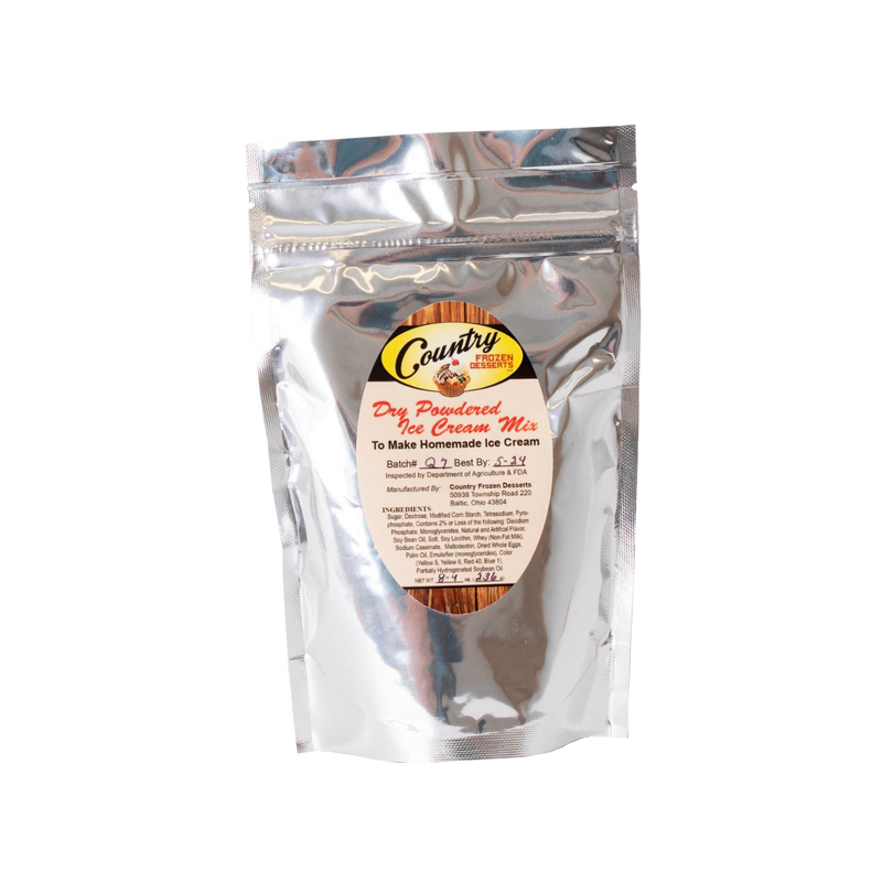 Silver foil resealable pouch of dry powdered ice cream mix with label, Amish made and handcrafted, ideal for Kitchen & Food, Dry Goods and Mixes, Specialty Equipment, Making Ice Cream, USA Made, Best Sellers, and Promo Eligible collections.