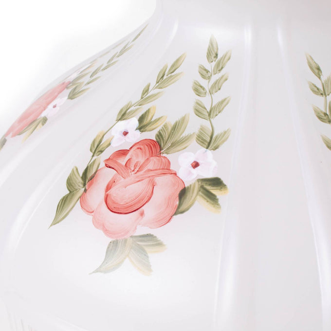 Handcrafted glass lamp shade with soft white finish adorned by hand-painted red roses and green leaves, designed to evenly diffuse light, featured in Lamps & Lighting, Parts and Accessories, Lamp Shades, Best Sellers, and Promo Eligible collections.