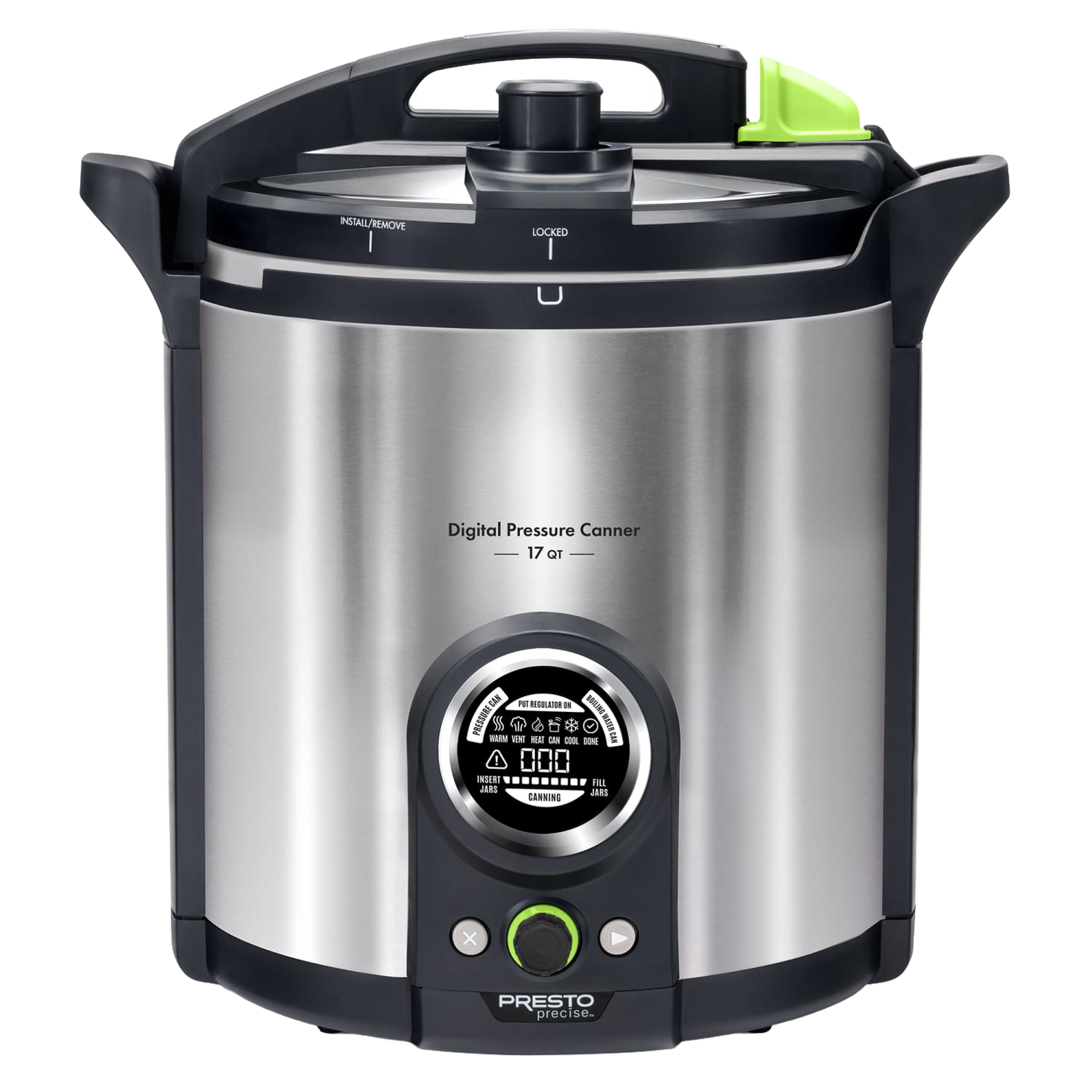 Sleek stainless steel digital pressure canner with intuitive control panel and easy-lock lid, designed for precise temperature control in kitchen food preservation and canning.