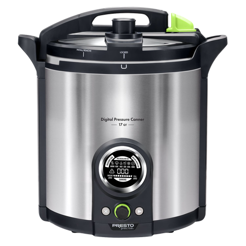 Sleek stainless steel digital pressure canner with intuitive control panel and easy-lock lid, designed for precise temperature control in kitchen food preservation and canning.