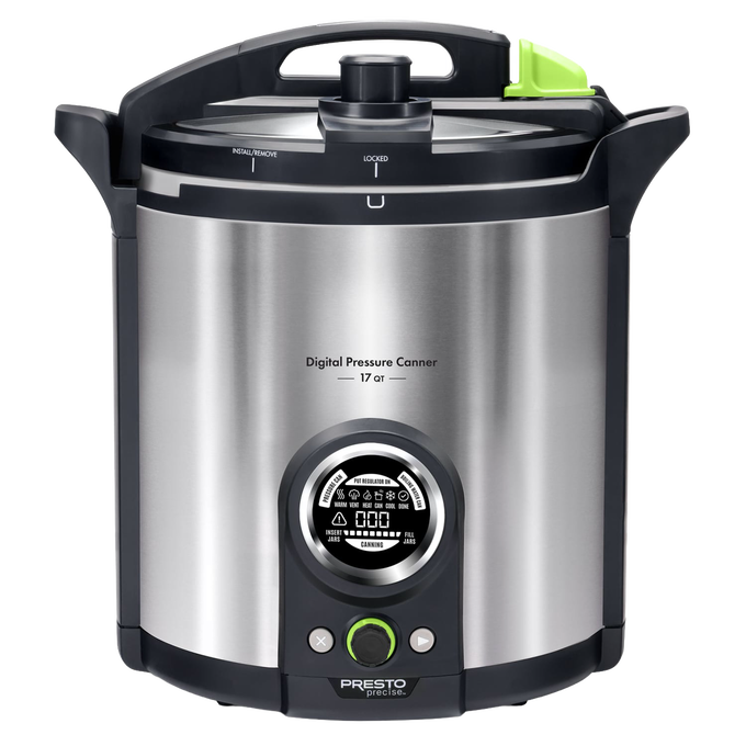 Sleek stainless steel digital pressure canner with intuitive control panel and easy-lock lid, designed for precise temperature control in kitchen food preservation and canning.