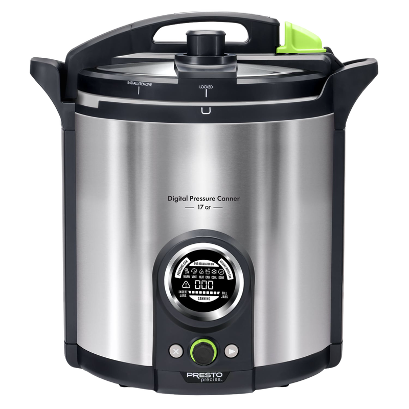 Sleek stainless steel digital pressure canner with intuitive control panel and easy-lock lid, designed for precise temperature control in kitchen food preservation and canning.