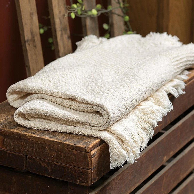 Soft, cream-colored jacquard cotton throw with textured woven blocks and fringed edges, handcrafted in the USA, perfect for Home & Decor and cozy living spaces.