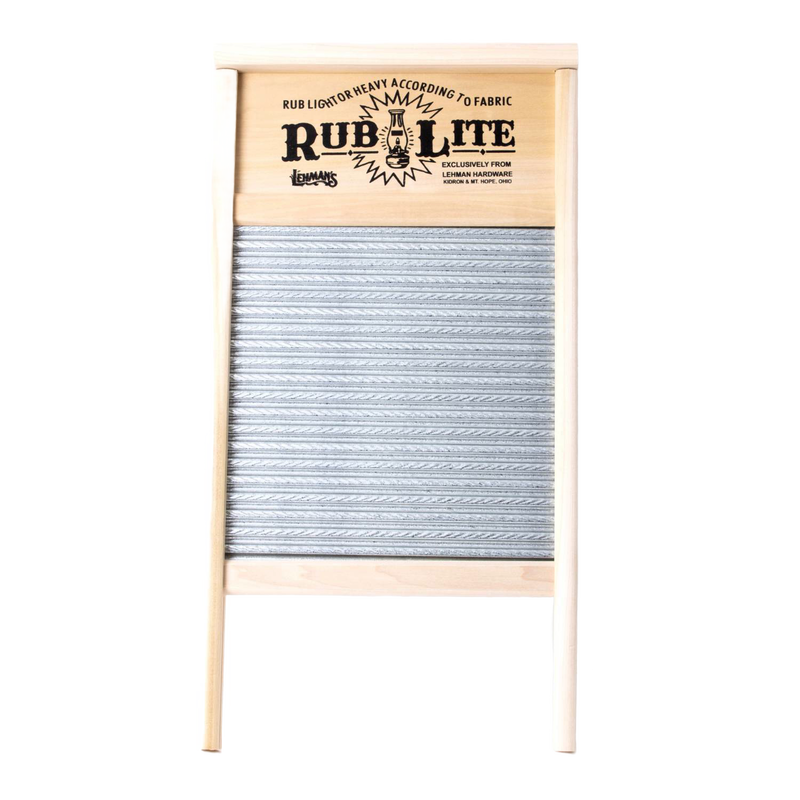 Handcrafted galvanized spiral washboard with wooden frame and decorative printed nameplate, designed for effective stain removal and included in USA-made laundry supplies collections.