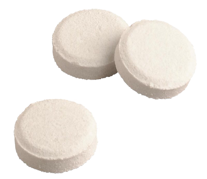 Three round white water purification tablets designed for reliable disinfection in emergency and outdoor settings, suitable for camping and survival use.