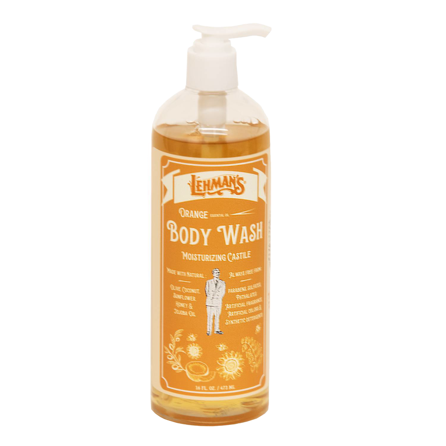 Handcrafted moisturizing castile body wash with natural oils including olive, jojoba, and coconut, scented with orange, made in USA, featured in Health & Wellness, Grooming, and Best Sellers collections.