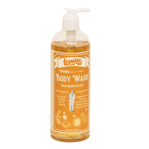 Handcrafted moisturizing castile body wash with natural oils including olive, jojoba, and coconut, scented with orange, made in USA, featured in Health & Wellness, Grooming, and Best Sellers collections.