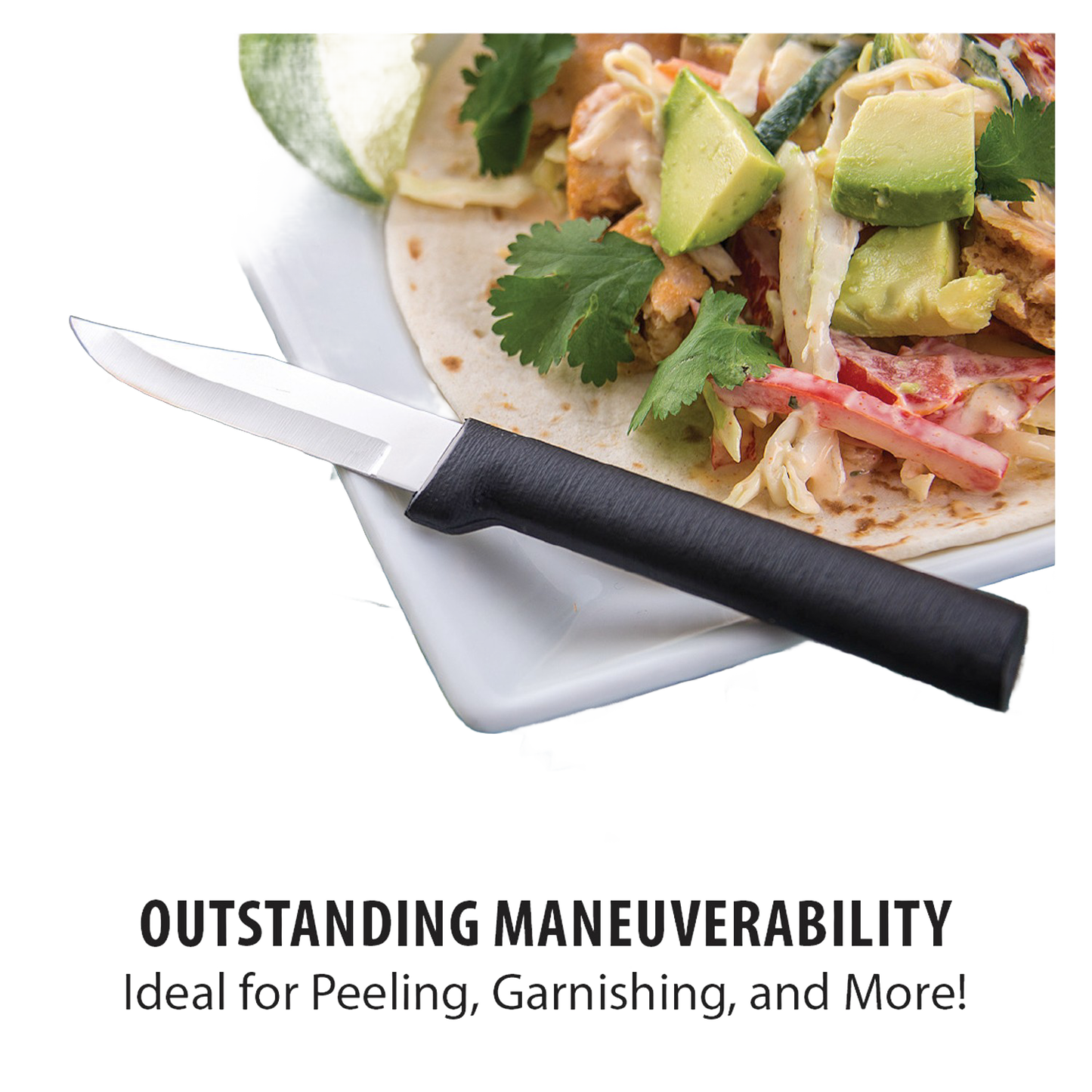 Paring knife with a smooth black handle and sharp non-serrated blade resting on a white plate with fresh taco ingredients, highlighting kitchen and food prep use.