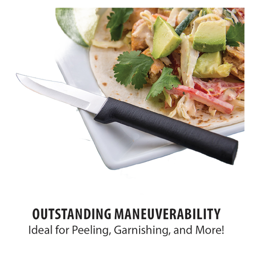 Paring knife with a smooth black handle and sharp non-serrated blade resting on a white plate with fresh taco ingredients, highlighting kitchen and food prep use.