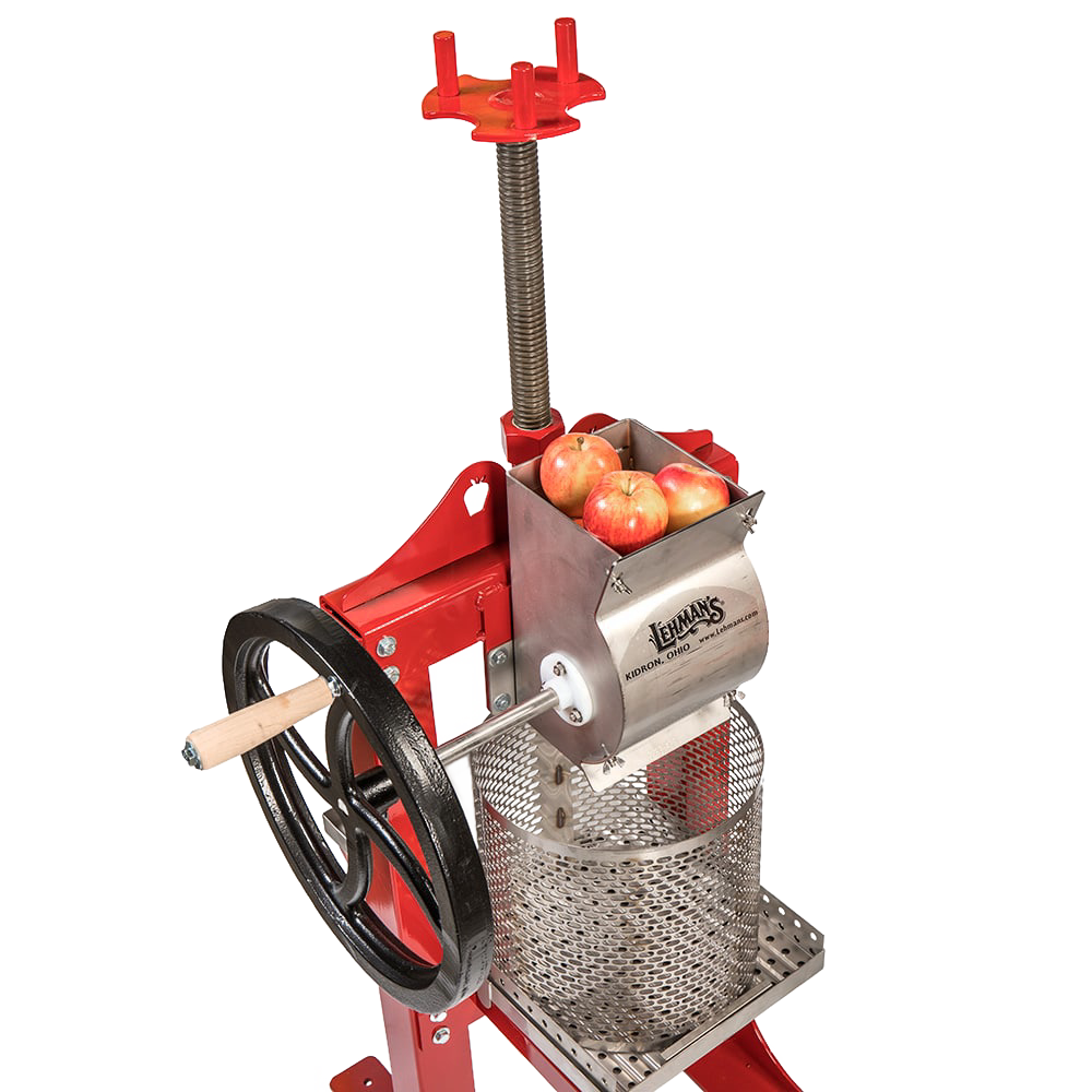 Handcrafted stainless steel apple crusher with red frame and black cast iron hand crank, designed for orchard and farm use, featured in Farm, Garden & Tool and Apple Harvest Supplies collections.