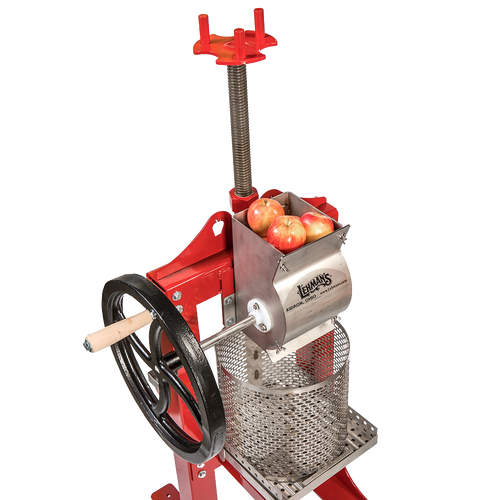 Handcrafted stainless steel apple crusher with red frame and black cast iron hand crank, designed for orchard and farm use, featured in Farm, Garden & Tool and Apple Harvest Supplies collections.