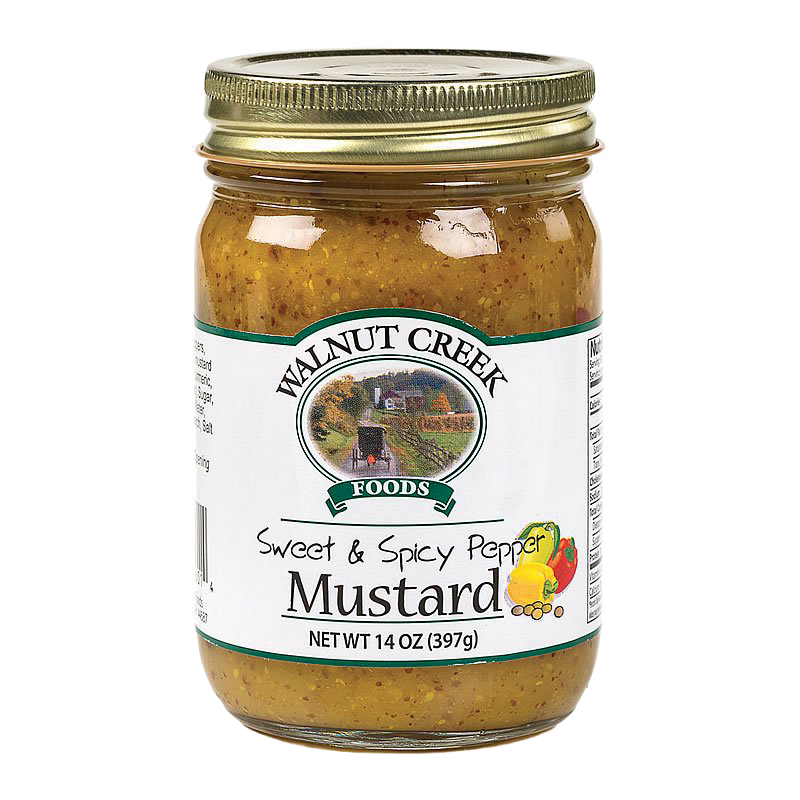 Glass jar of handcrafted sweet and spicy pepper mustard with natural grain texture, made in USA, ideal for Kitchen & Food, Pantry, Best Sellers, Promo Eligible collections.