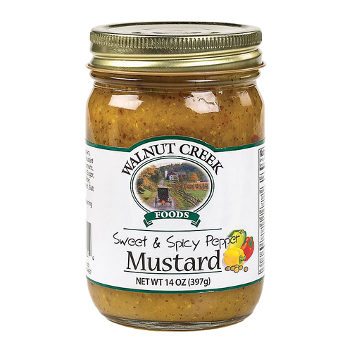 Glass jar of handcrafted sweet and spicy pepper mustard with natural grain texture, made in USA, ideal for Kitchen & Food, Pantry, Best Sellers, Promo Eligible collections.