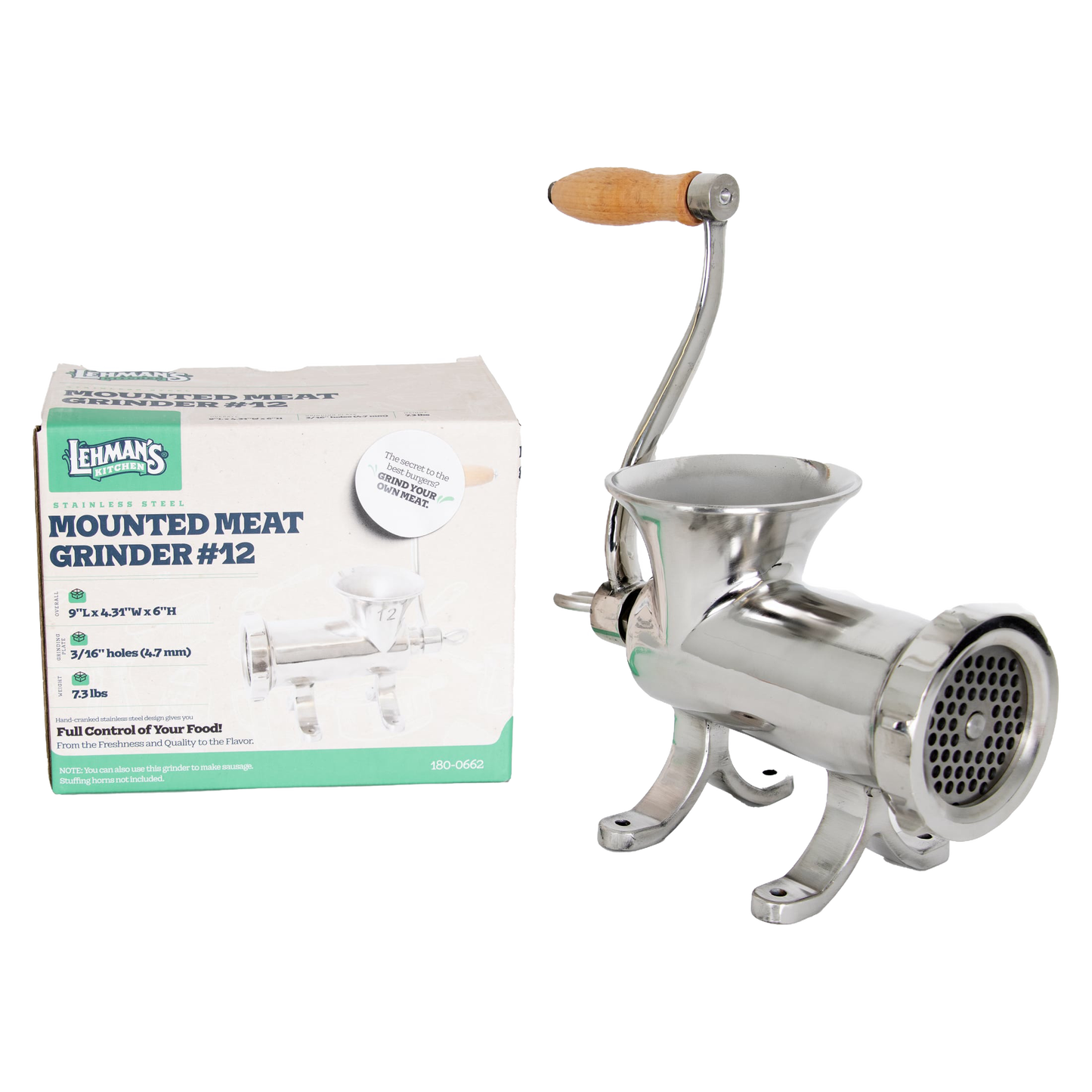 Handcrafted stainless steel kitchen-mounted meat grinder with wooden handle and sturdy frame, displayed alongside its original packaging, featured in Kitchen & Food, Specialty Equipment, Butchering Supplies, Best Sellers, Promo Eligible collections.