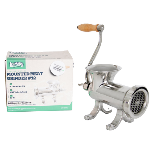 Handcrafted stainless steel kitchen-mounted meat grinder with wooden handle and sturdy frame, displayed alongside its original packaging, featured in Kitchen & Food, Specialty Equipment, Butchering Supplies, Best Sellers, Promo Eligible collections.