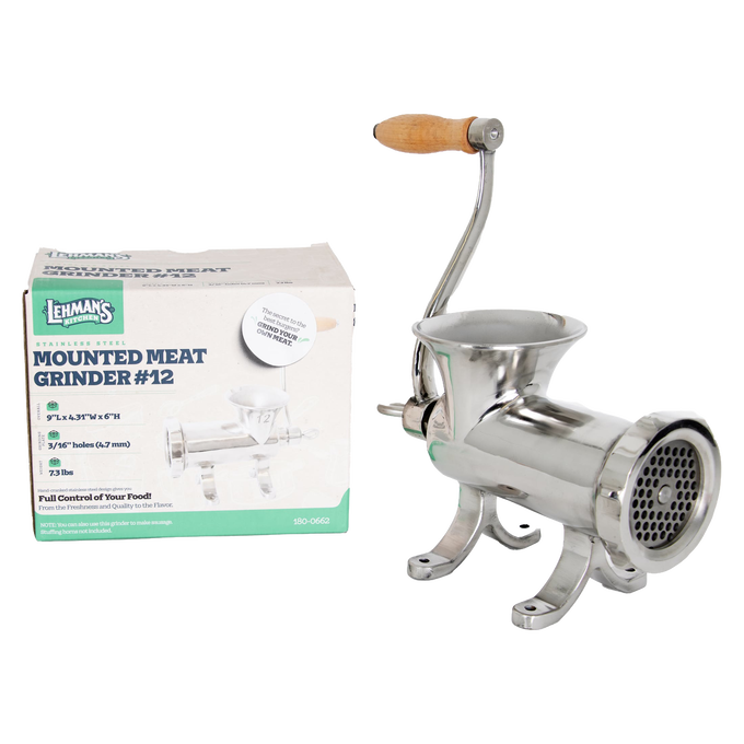 Handcrafted stainless steel kitchen-mounted meat grinder with wooden handle and sturdy frame, displayed alongside its original packaging, featured in Kitchen & Food, Specialty Equipment, Butchering Supplies, Best Sellers, Promo Eligible collections.