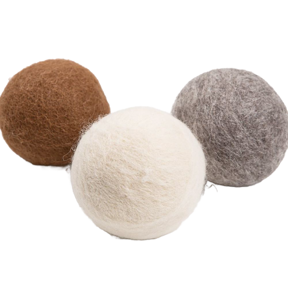 Set of three all-natural wool dryer balls in brown, cream, and gray, designed for repeated use in laundry supplies and USA made for Home & Decor and drying accessories collections.
