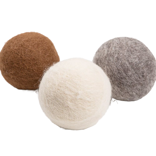 Set of three all-natural wool dryer balls in brown, cream, and gray, designed for repeated use in laundry supplies and USA made for Home & Decor and drying accessories collections.