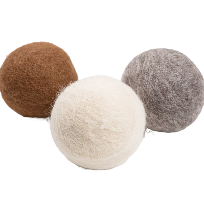 Set of three all-natural wool dryer balls in brown, cream, and gray, designed for repeated use in laundry supplies and USA made for Home & Decor and drying accessories collections.
