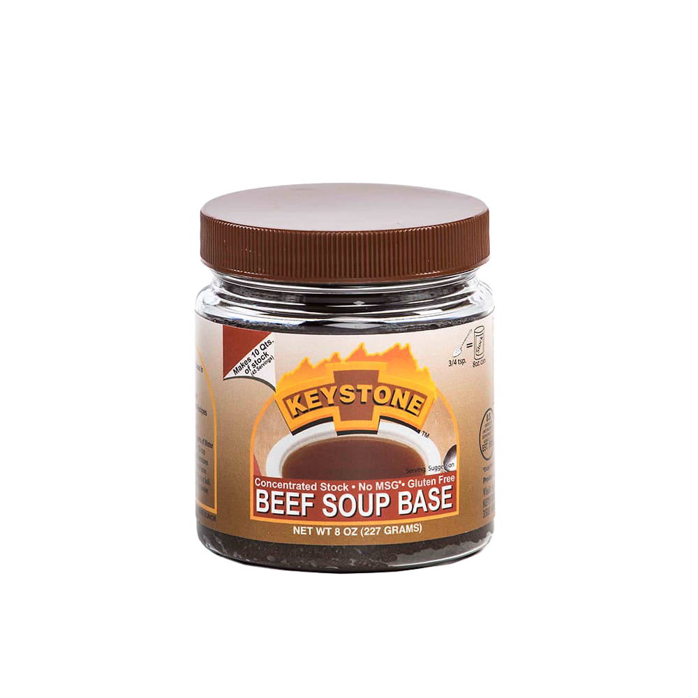 Clear jar with brown screw-on lid containing concentrated beef soup base labeled gluten-free and no MSG, handcrafted and made in USA, ideal for Kitchen & Food, Pantry, and Best Sellers collections.