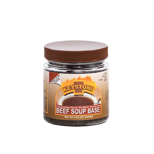 Clear jar with brown screw-on lid containing concentrated beef soup base labeled gluten-free and no MSG, handcrafted and made in USA, ideal for Kitchen & Food, Pantry, and Best Sellers collections.