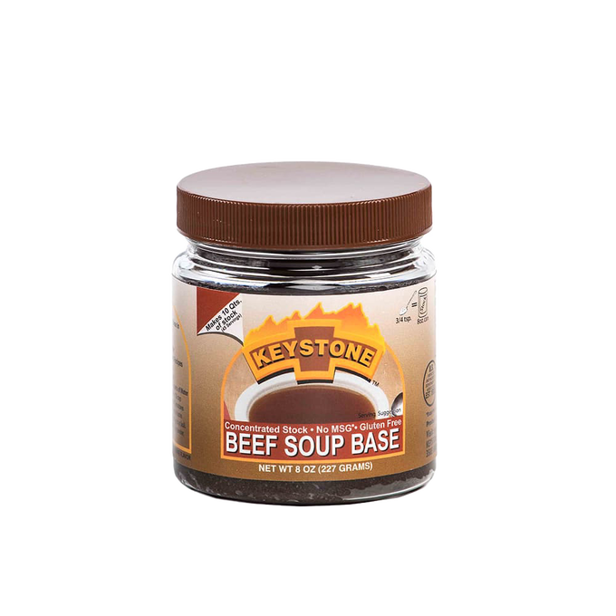 Clear jar with brown screw-on lid containing concentrated beef soup base labeled gluten-free and no MSG, handcrafted and made in USA, ideal for Kitchen & Food, Pantry, and Best Sellers collections.
