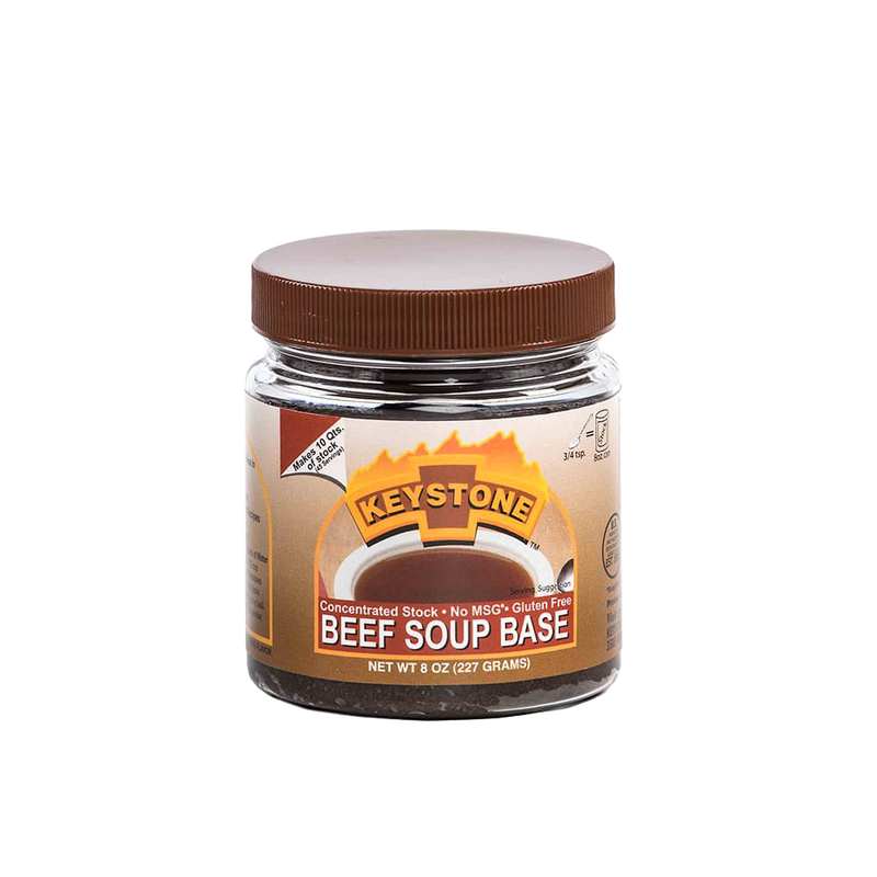 Clear jar with brown screw-on lid containing concentrated beef soup base labeled gluten-free and no MSG, handcrafted and made in USA, ideal for Kitchen & Food, Pantry, and Best Sellers collections.