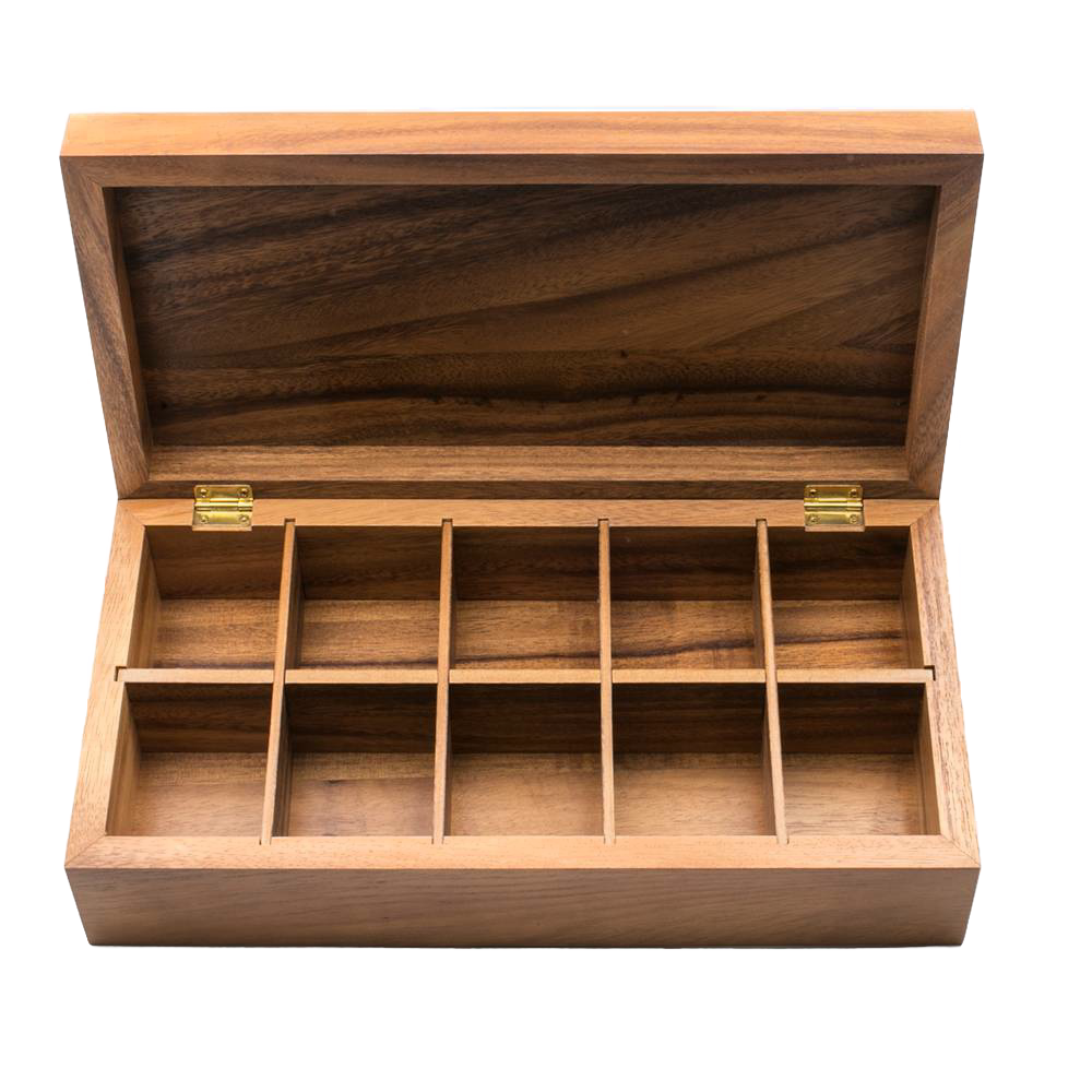 Handcrafted acacia wood tea box with ten compartments for organized tea storage, featuring natural wood grain patterns, ideal for Kitchen & Food and Brewing Coffee and Tea collections.
