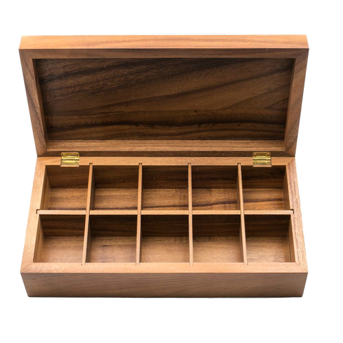 Handcrafted acacia wood tea box with ten compartments for organized tea storage, featuring natural wood grain patterns, ideal for Kitchen & Food and Brewing Coffee and Tea collections.