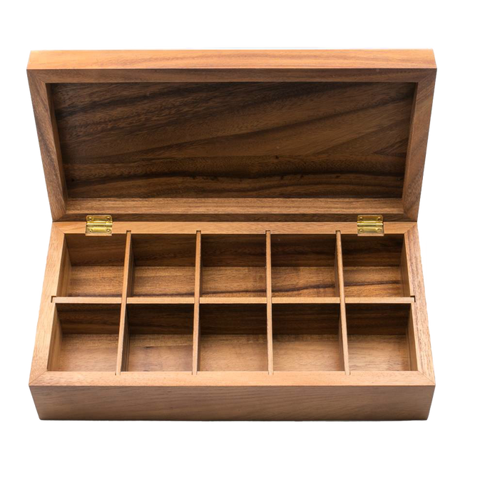Handcrafted acacia wood tea box with ten compartments for organized tea storage, featuring natural wood grain patterns, ideal for Kitchen & Food and Brewing Coffee and Tea collections.
