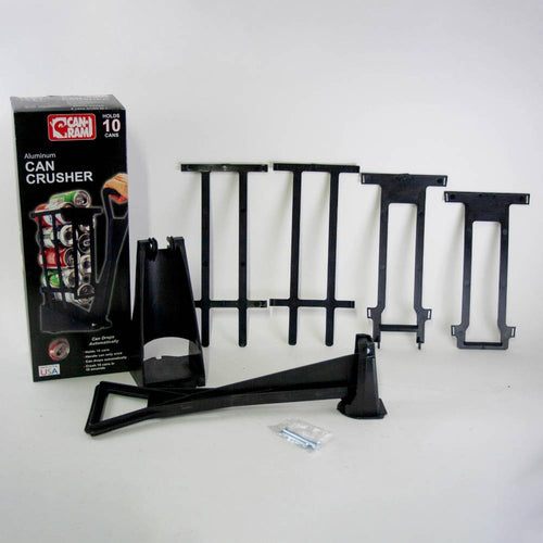 Components of a heavy-duty black plastic can crusher including a large lever, support brackets, mounting hardware, and product packaging, featured in Home & Decor, Household Helpers, USA Made, Best Sellers, and Promo Eligible collections.