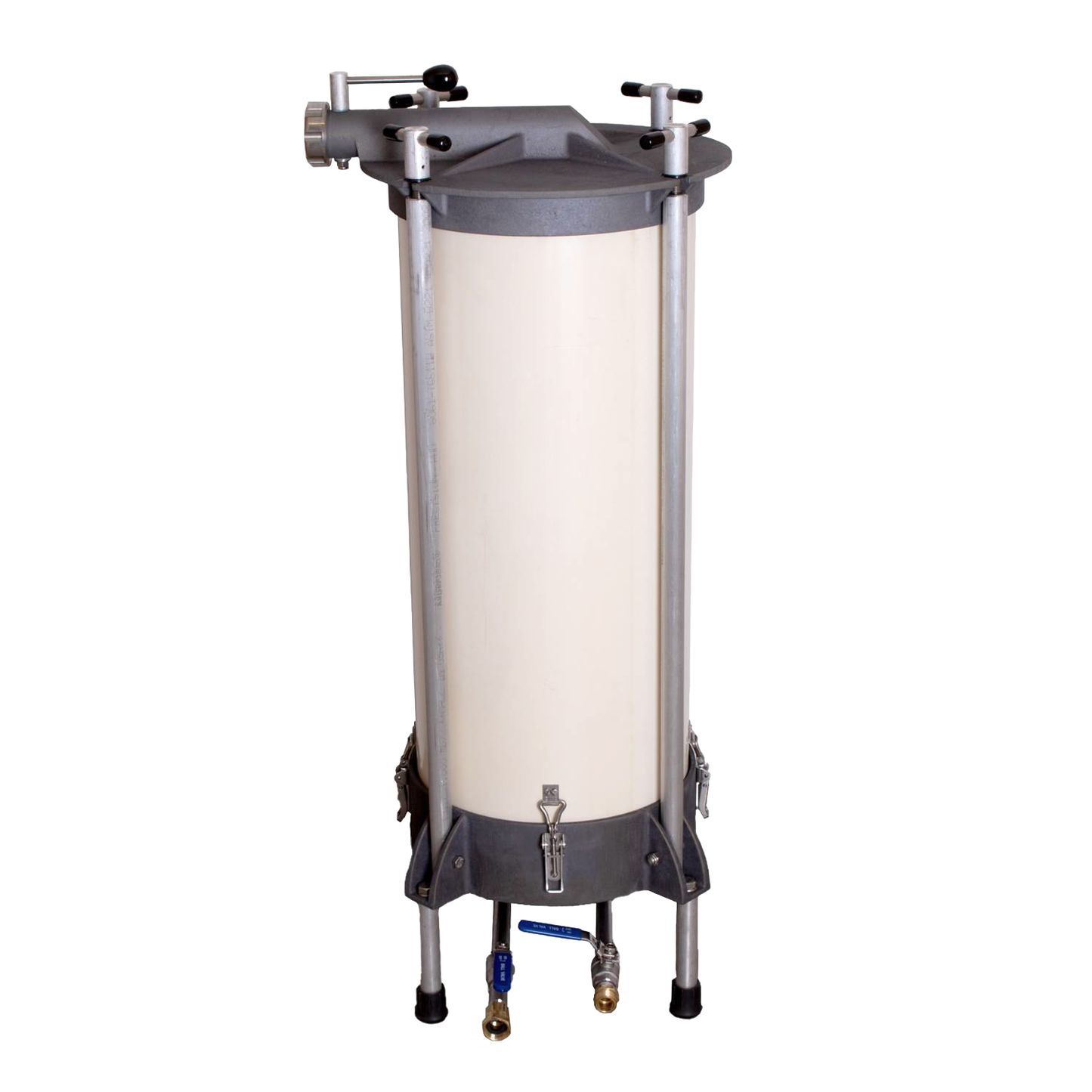 High-capacity water-powered sausage stuffer with sturdy metal frame and cylindrical chamber, handcrafted and Amish made, ideal for Kitchen & Food, Specialty Equipment, and Butchering Supplies collections.