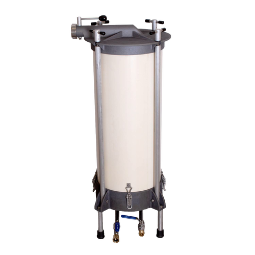 High-capacity water-powered sausage stuffer with sturdy metal frame and cylindrical chamber, handcrafted and Amish made, ideal for Kitchen & Food, Specialty Equipment, and Butchering Supplies collections.