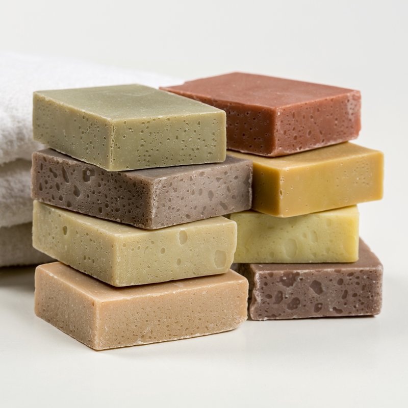 Stack of uniquely handcrafted natural soap bars in soft earthy hues, made in USA with gentle, organic ingredients, perfect for Health & Wellness and Soaps collections.
