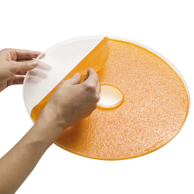 Hands peeling homemade orange fruit leather from a flexible round sheet designed to fit Presto dehydrator trays, featured in Kitchen & Food and Food Preservation collections.