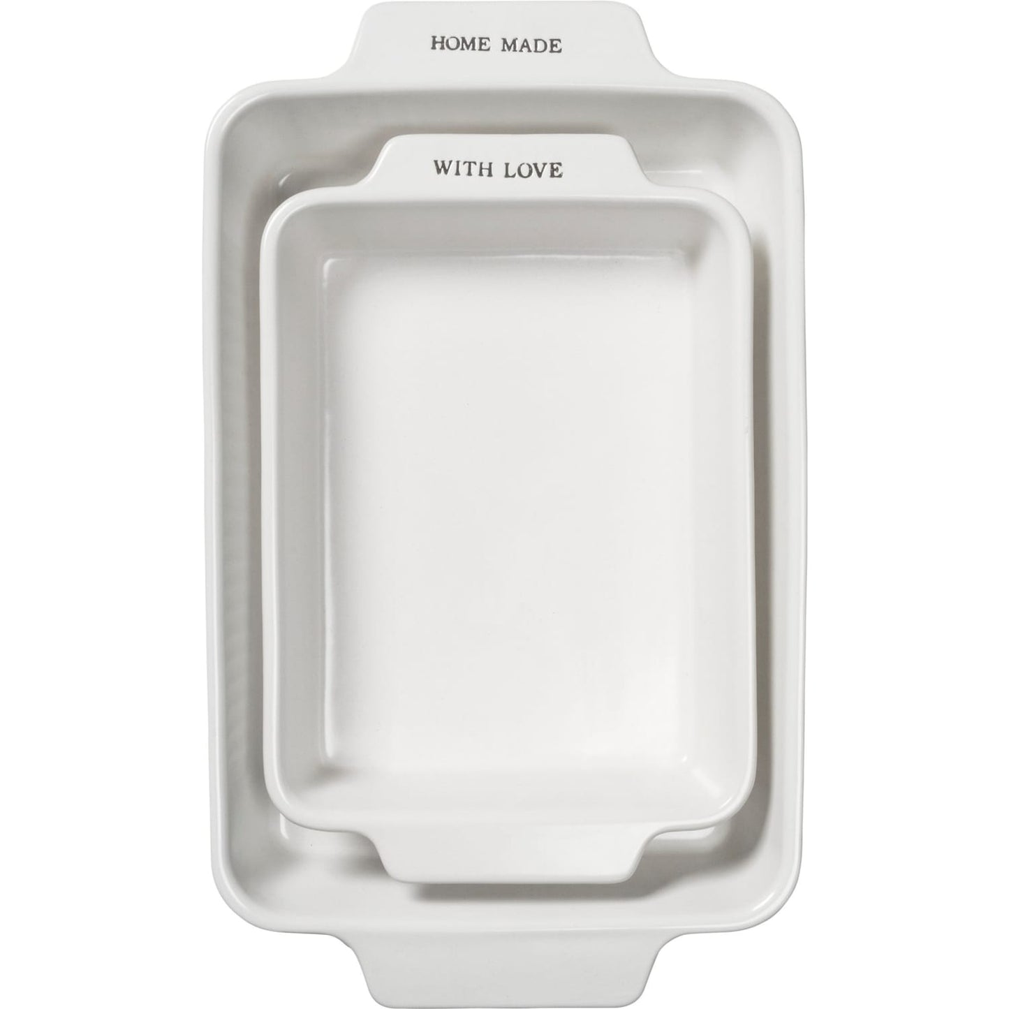 Set of two handcrafted stoneware baking dishes in neutral tones, featuring embossed "HOME MADE" and "WITH LOVE" text, ideal for Kitchen & Food and Bakeware collections.