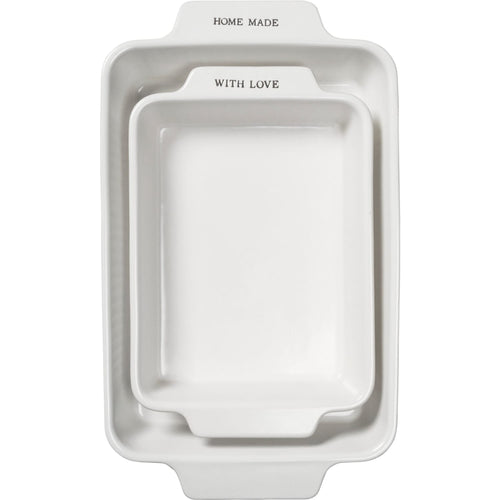 Set of two handcrafted stoneware baking dishes in neutral tones, featuring embossed "HOME MADE" and "WITH LOVE" text, ideal for Kitchen & Food and Bakeware collections.