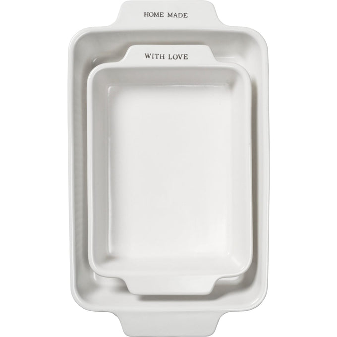 Set of two handcrafted stoneware baking dishes in neutral tones, featuring embossed "HOME MADE" and "WITH LOVE" text, ideal for Kitchen & Food and Bakeware collections.