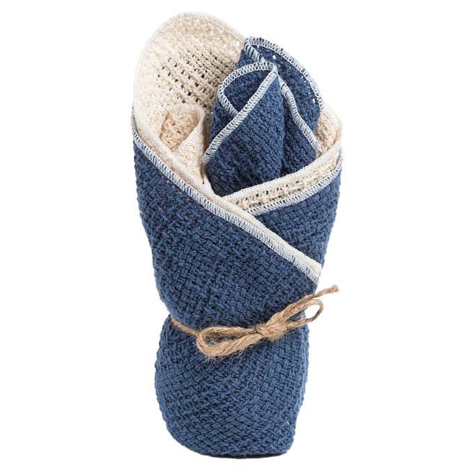 Set of four pre-shrunk 100% cotton dishcloths in natural cream and navy blue tones, tied with rustic twine, perfect for Kitchen & Food, Kitchen Textiles, USA Made, and Best Sellers collections.